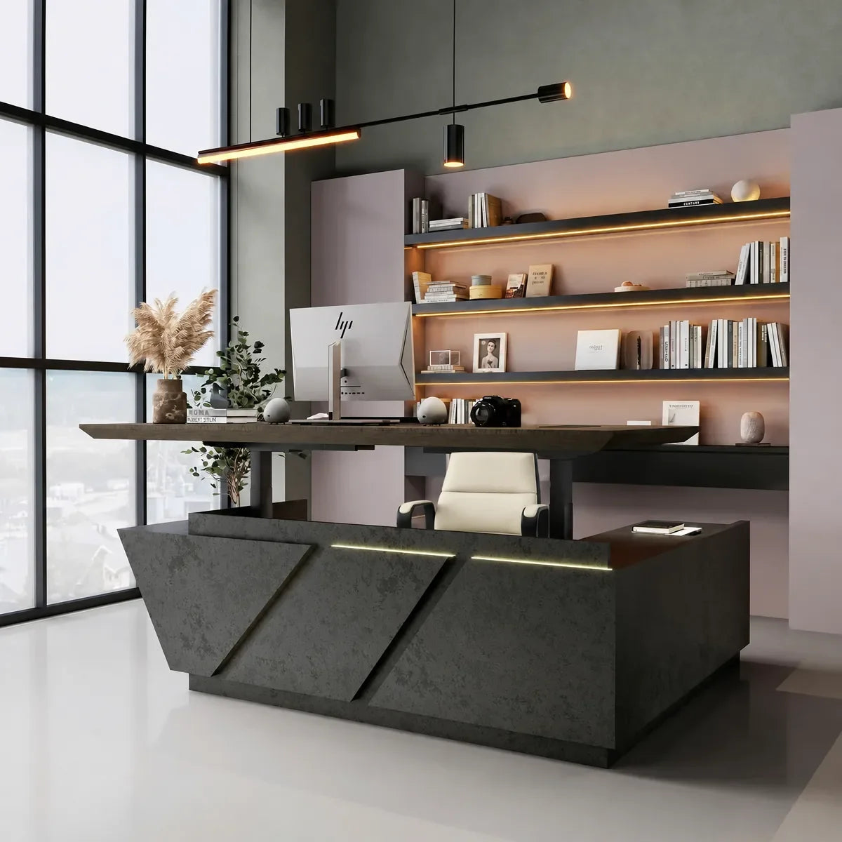 Maverick · Standing L-Shaped Executive Desk, Adjustable Height