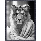 Sylvie Tiger Glam Bathroom Towel Robe Black and White Framed Canvas by The Creative Bunch Studio