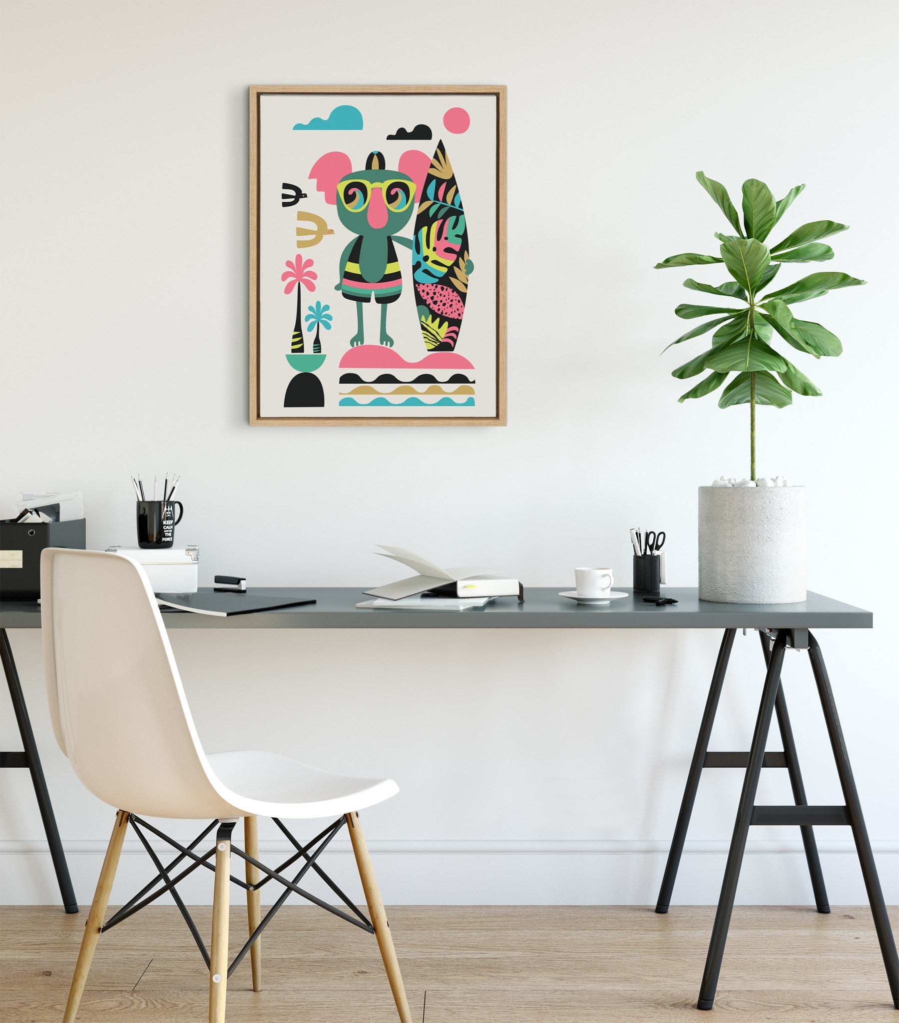 Sylvie Mid Century Modern Surf Koala Framed Canvas by Rachel Lee of My Dream Wall