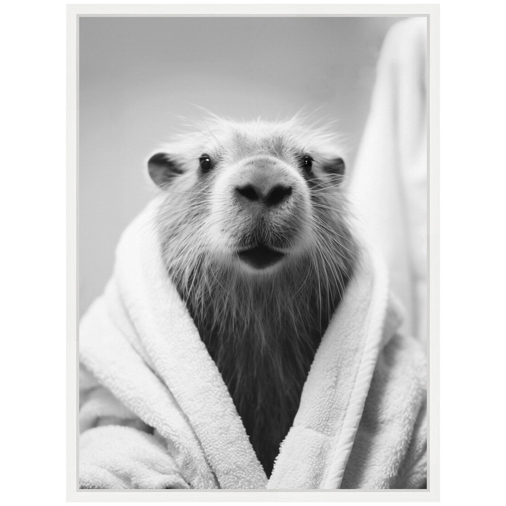 Sylvie Capybara Bathroom Art Towel Robe Black and White Framed Canvas by The Creative Bunch Studio
