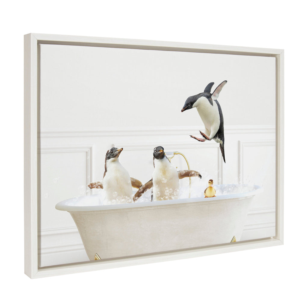 Sylvie Penguins In Bubble Bath Neutral Style Framed Canvas by Amy Peterson Art Studio