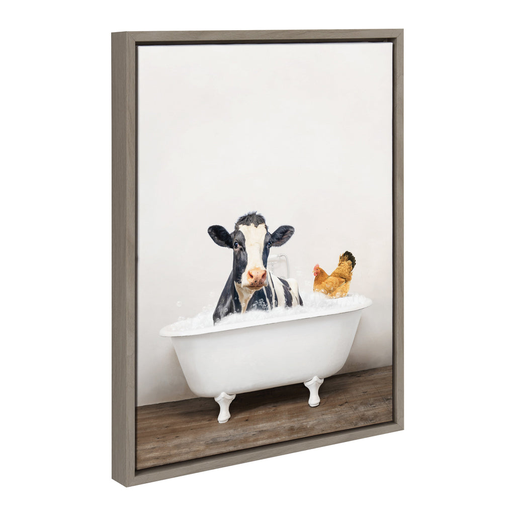 Sylvie Cow and Chicken in Rustic Bath Framed Canvas by Amy Peterson Art Studio