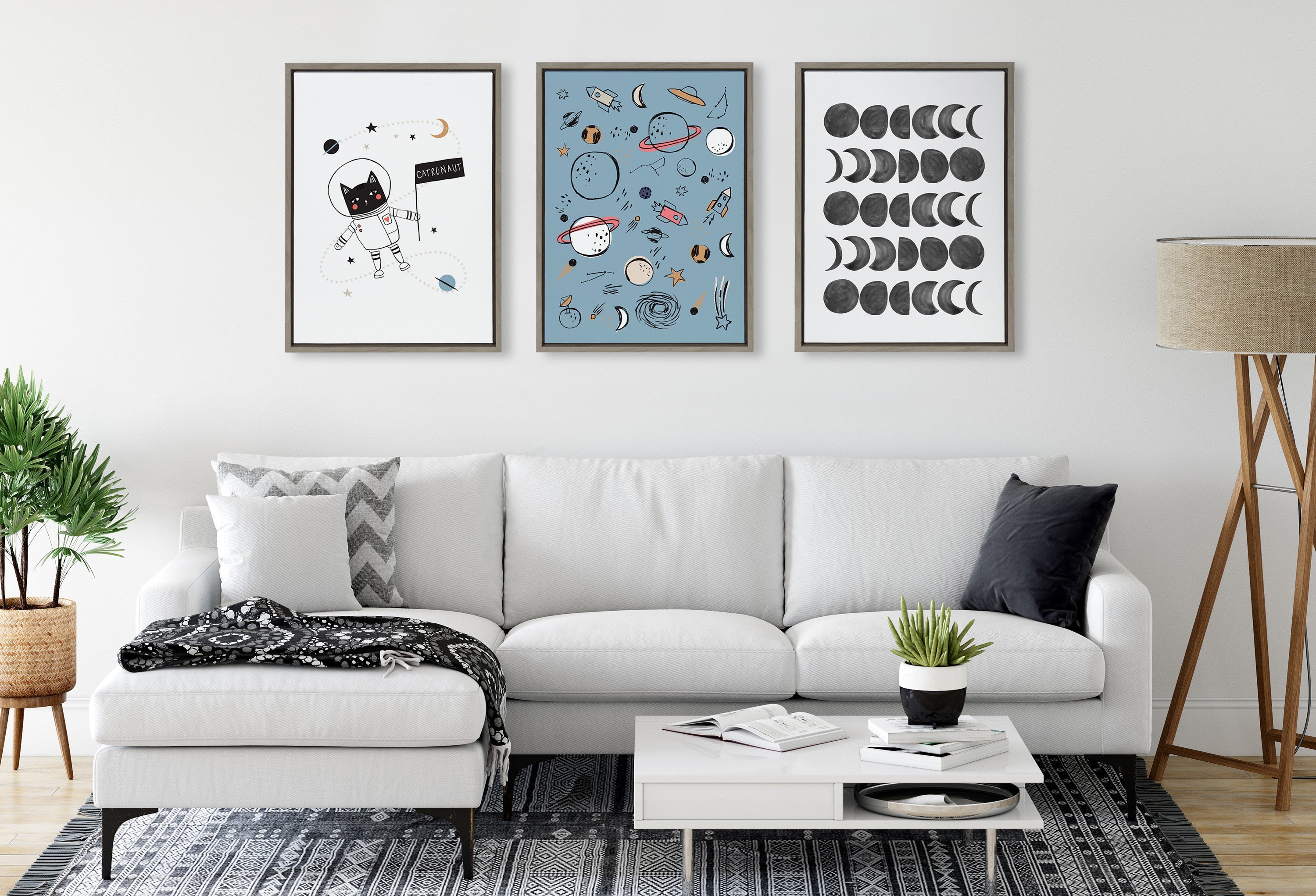 Sylvie 901 Moon Phases Black on White Framed Canvas by Teju Reval of SnazzyHues