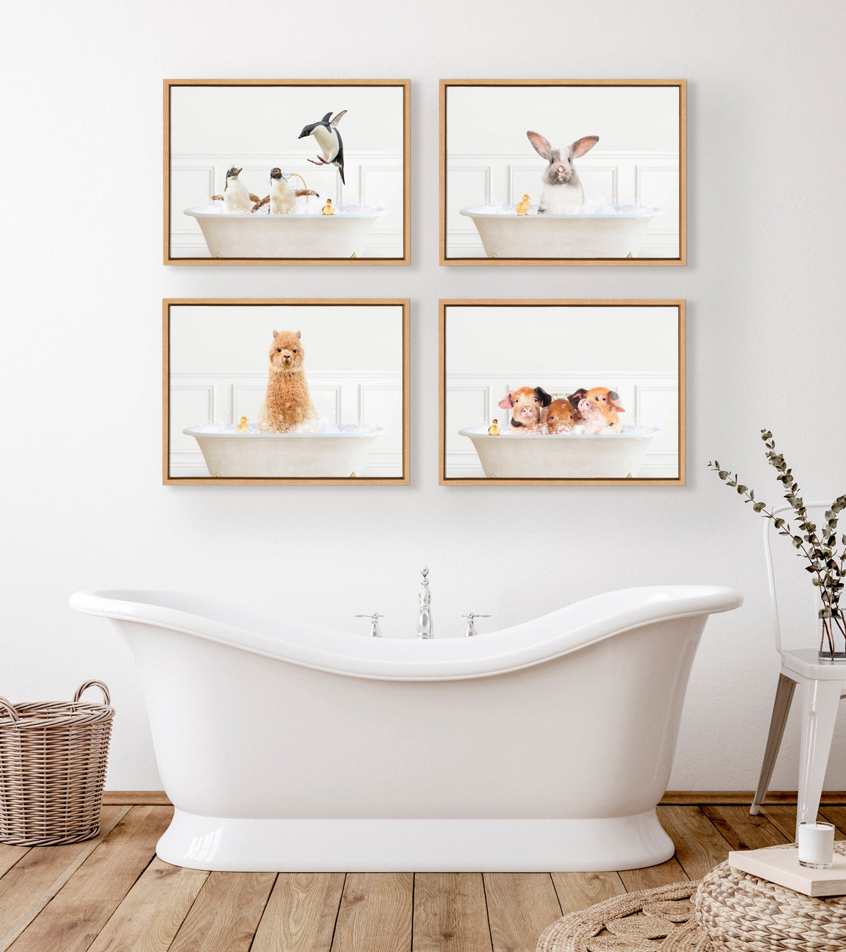 Sylvie Three Pigs In Bubble Bath Neutral Style Framed Canvas by Amy Peterson Art Studio
