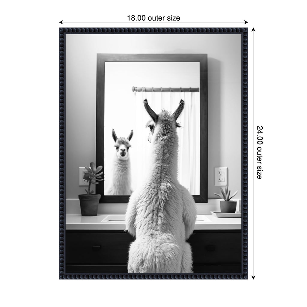 Sylvie Llama Bathroom Art Mirror Black and White Framed Canvas by The Creative Bunch Studio