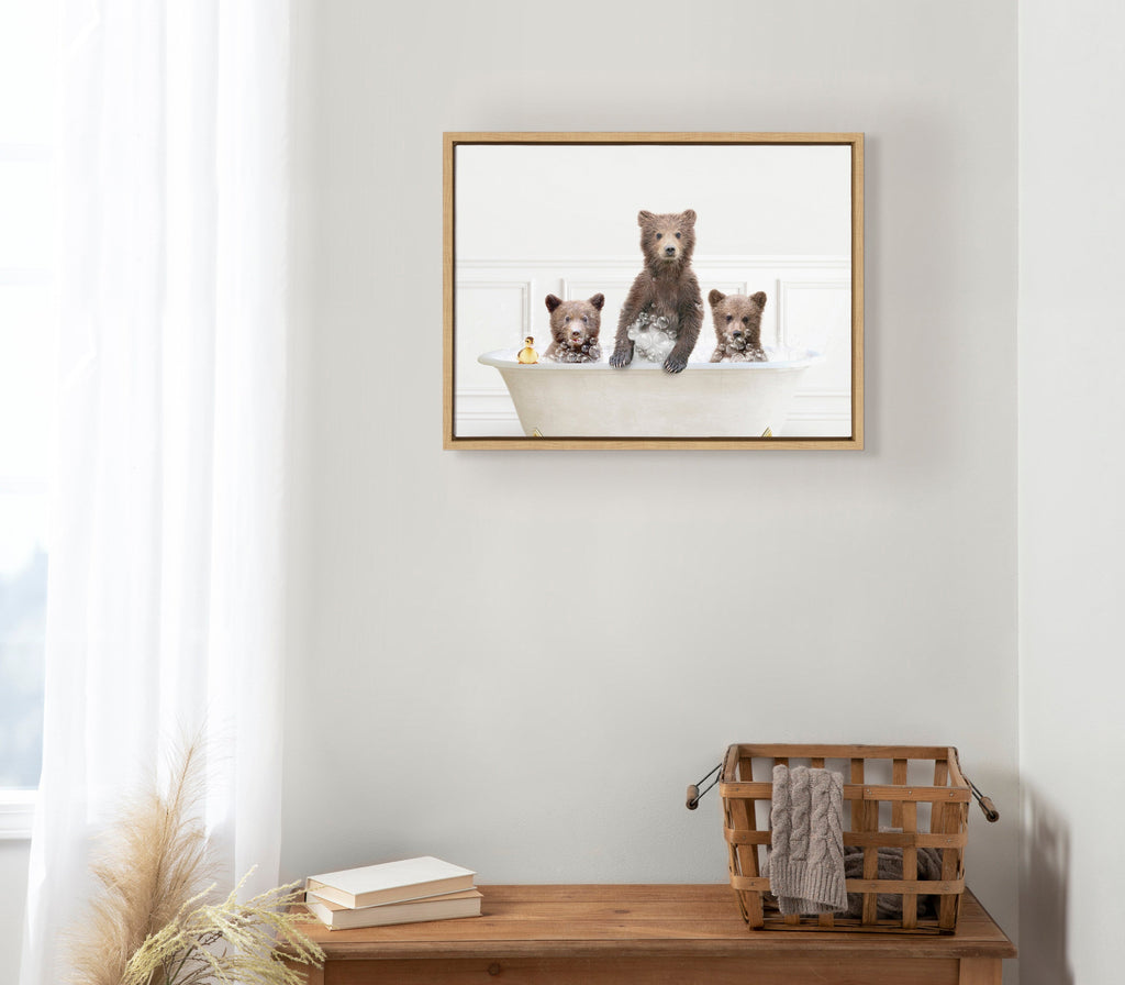 Sylvie Three bears In Bubble Bath Neutral Style Framed Canvas by Amy Peterson Art Studio