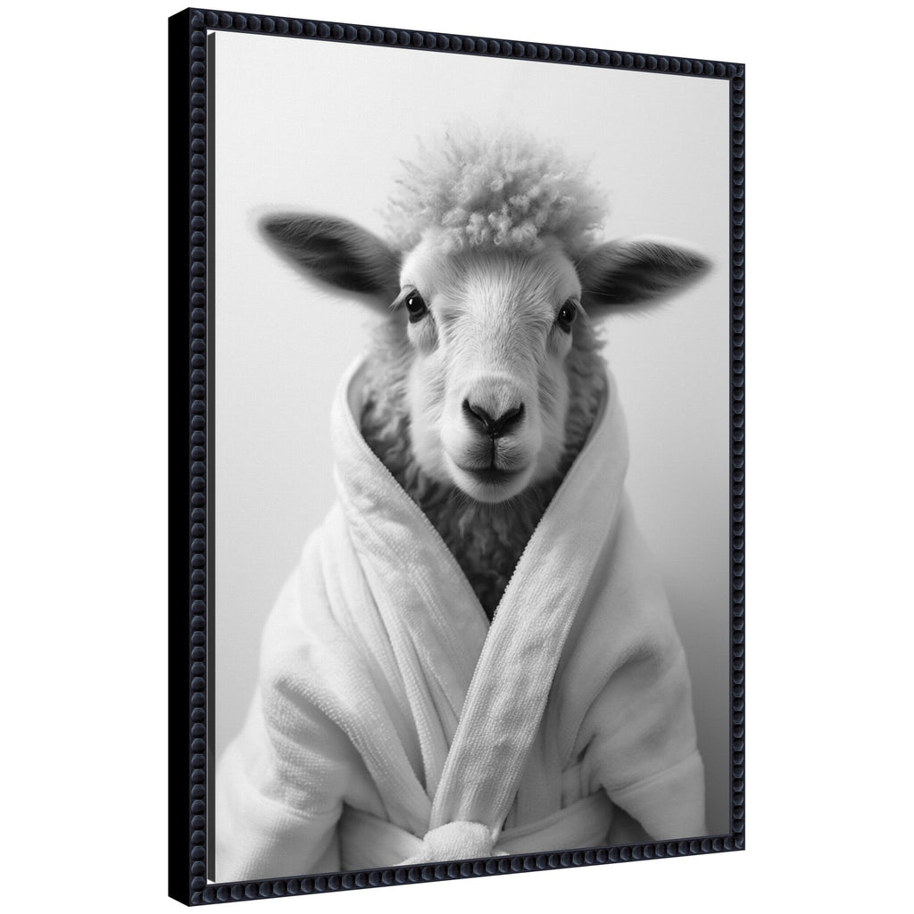 Sylvie Sheep Bathroom Art Towel Robe Black and White Framed Canvas by The Creative Bunch Studio
