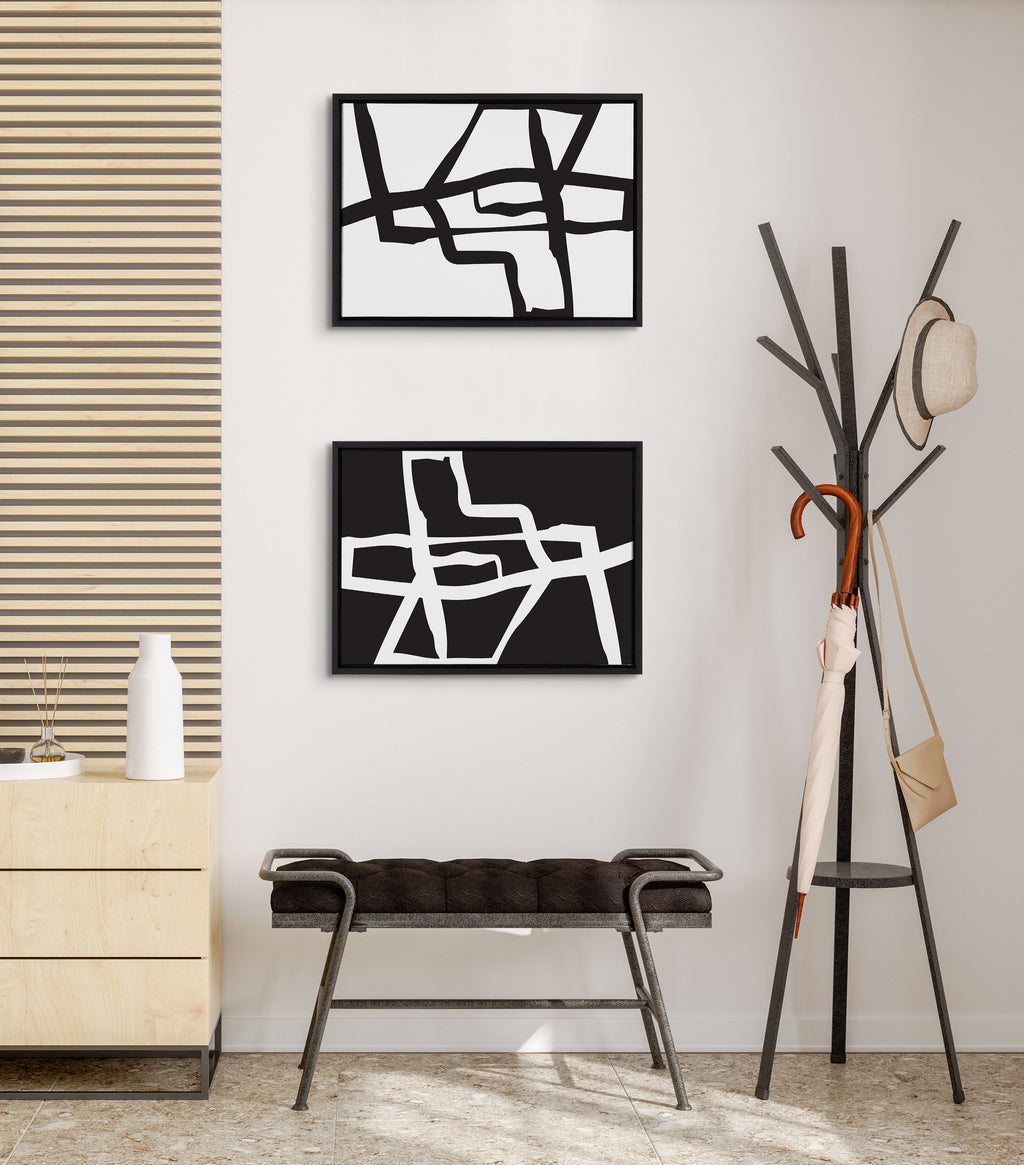 Sylvie Bold Sophisticated Abstract Black and White Stroke Framed Canvas Art Set by The Creative Bunch Studio