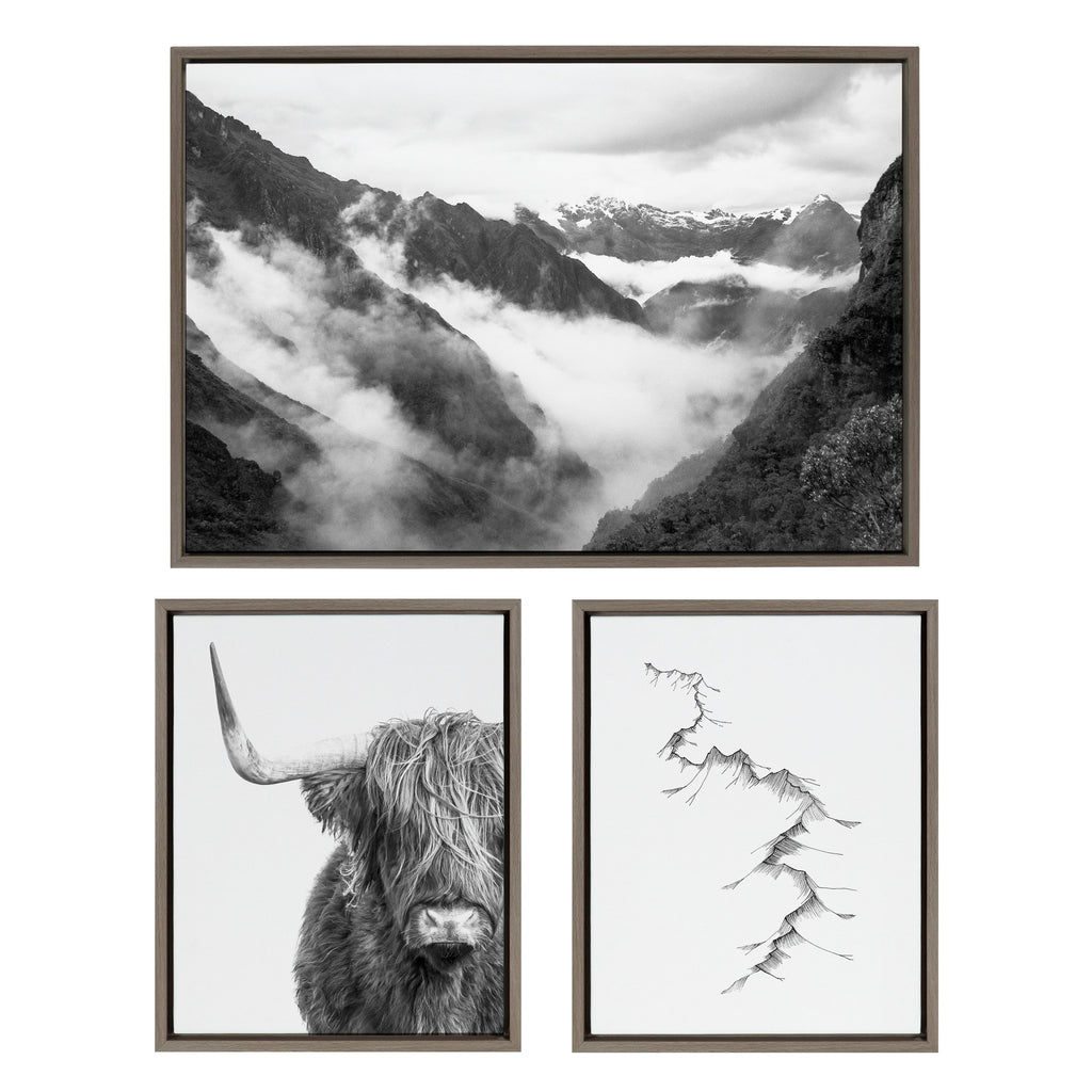 Sylvie BW Highland Cow No. 1 , Mountains, and Inca Trail Black and White Framed Canvas by Various Artists
