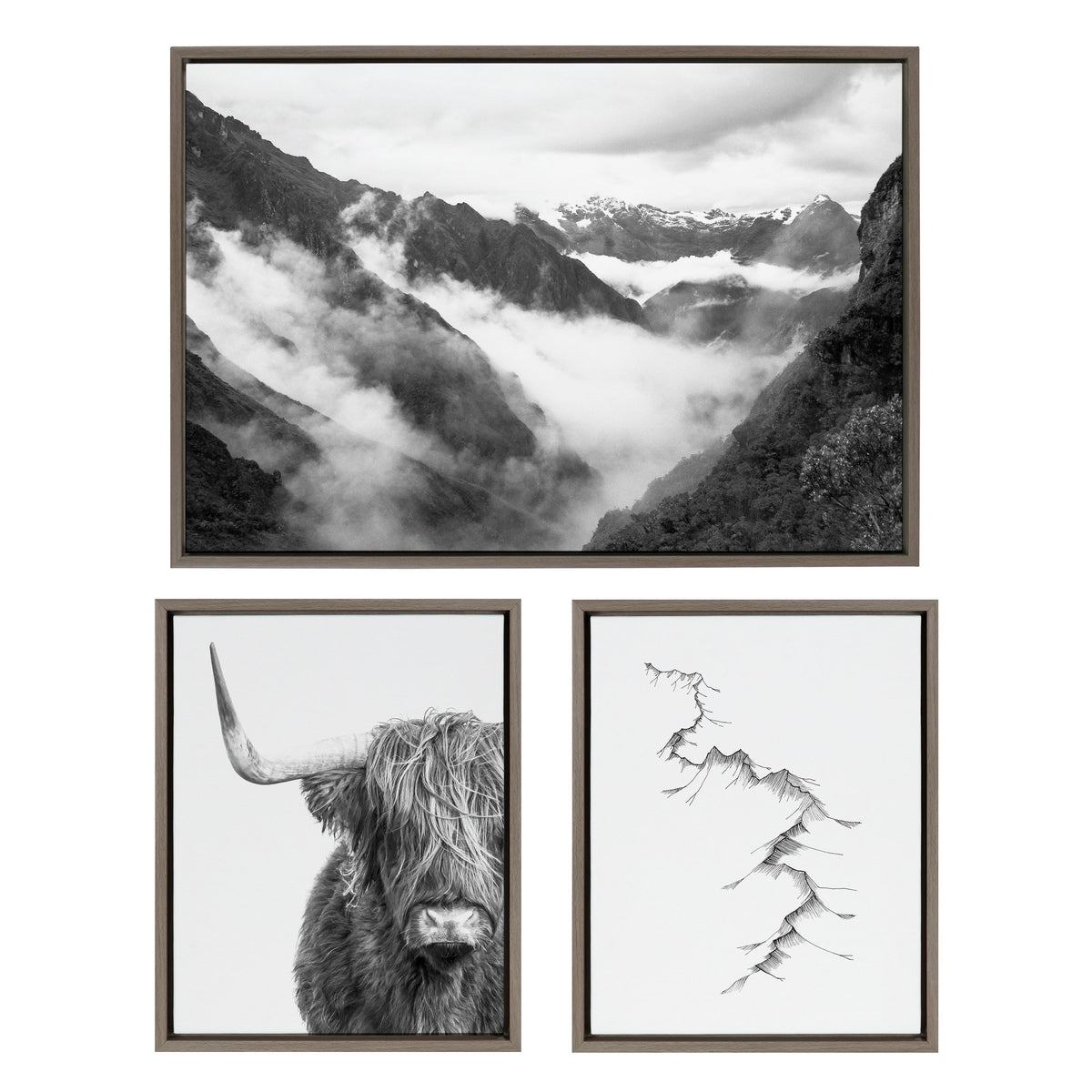 Sylvie BW Highland Cow No. 1 , Mountains, and Inca Trail Black and White Framed Canvas by Various Artists