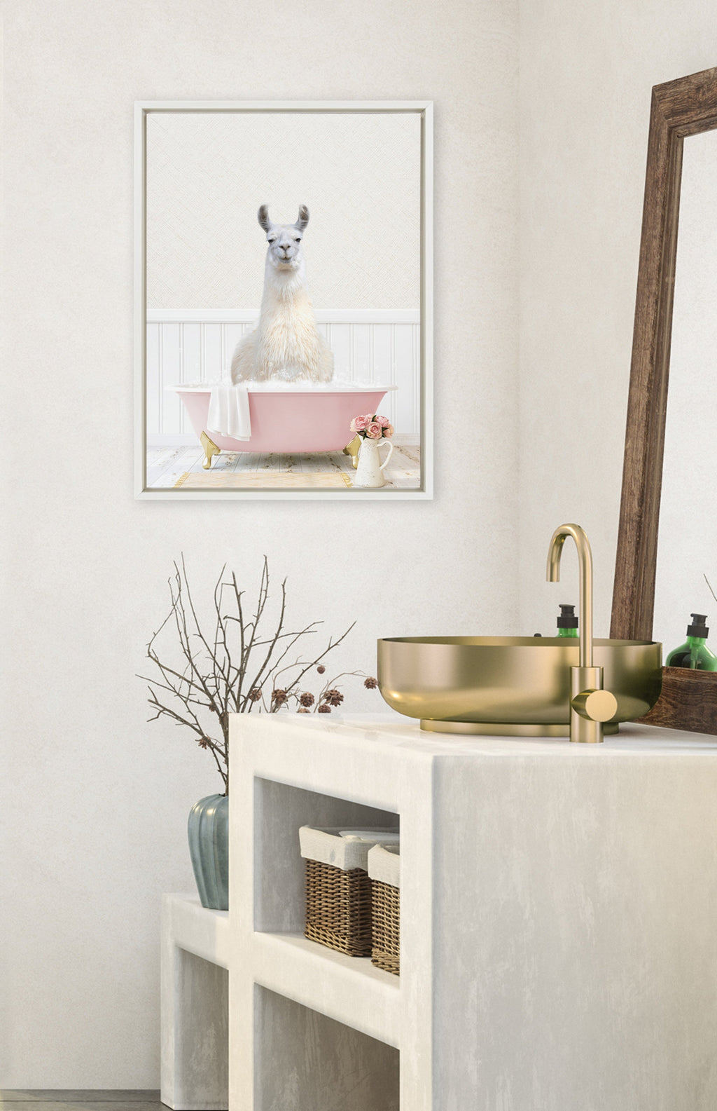 Sylvie Llama in Cottage Rose Bath Framed Canvas by Amy Peterson Art Studio