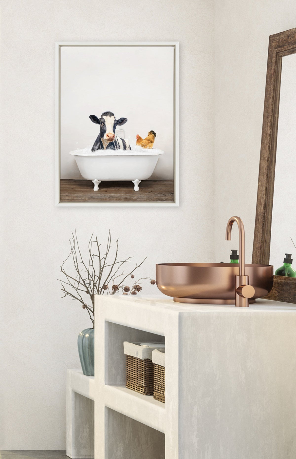 Sylvie Cow and Chicken in Rustic Bath Framed Canvas by Amy Peterson Art Studio