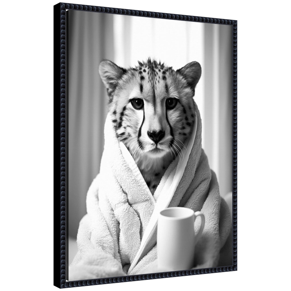 Sylvie Cheetah Bathroom Art Towel Robe Black and White Framed Canvas by The Creative Bunch Studio