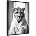 Sylvie Cheetah Bathroom Art Towel Robe Black and White Framed Canvas by The Creative Bunch Studio