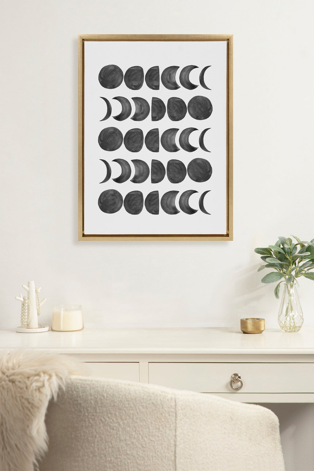 Sylvie 901 Moon Phases Black on White Framed Canvas by Teju Reval of SnazzyHues