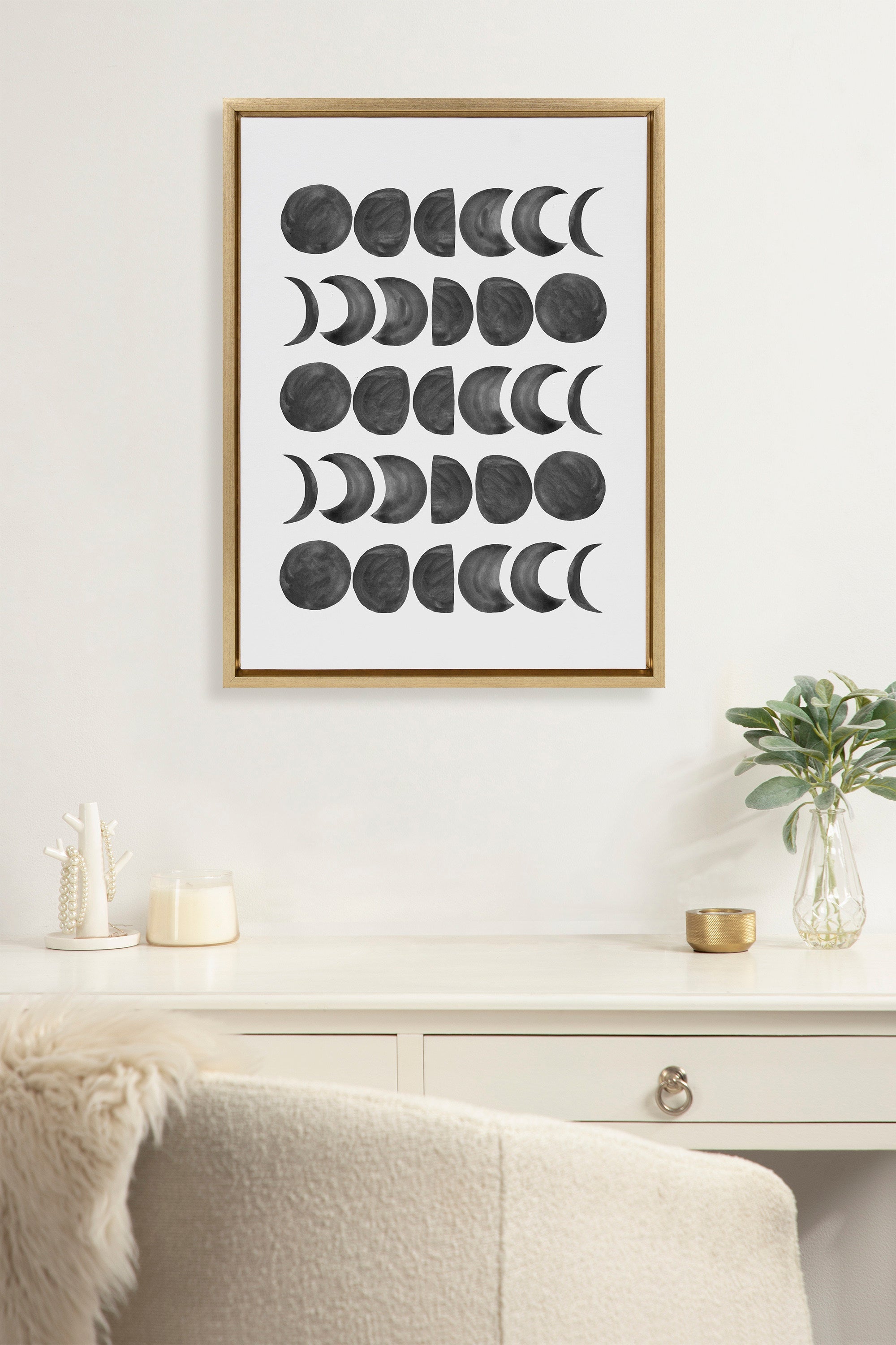 Sylvie 901 Moon Phases Black on White Framed Canvas by Teju Reval of SnazzyHues