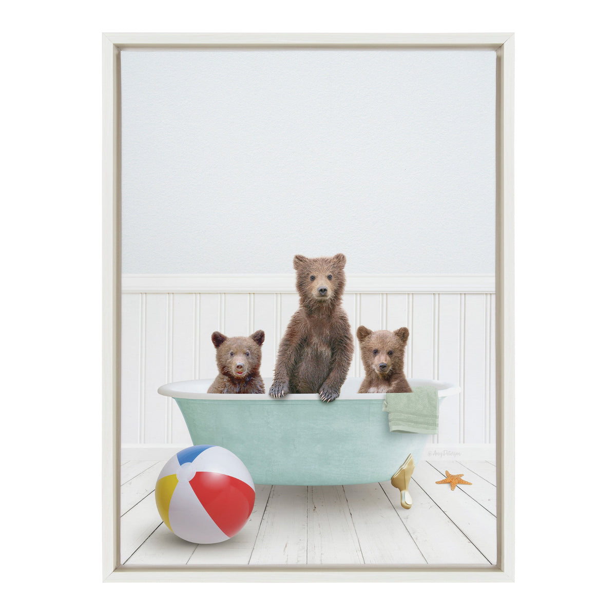 Sylvie Three Bear Cubs In Beach House Bath Framed Canvas by Amy Peterson