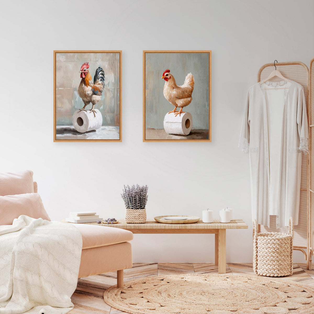 Sylvie Chicken and Rooster Bathroom Art Framed Canvas Art Set by The Creative Bunch Studio