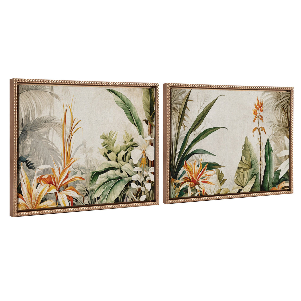 Sylvie Beaded Retro Jungle Botanical 1 and 2 Framed Canvas Art Set by The Creative Bunch Studio