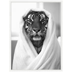Sylvie Tiger Bathroom Art Towel Robe Black and White Framed Canvas by The Creative Bunch Studio