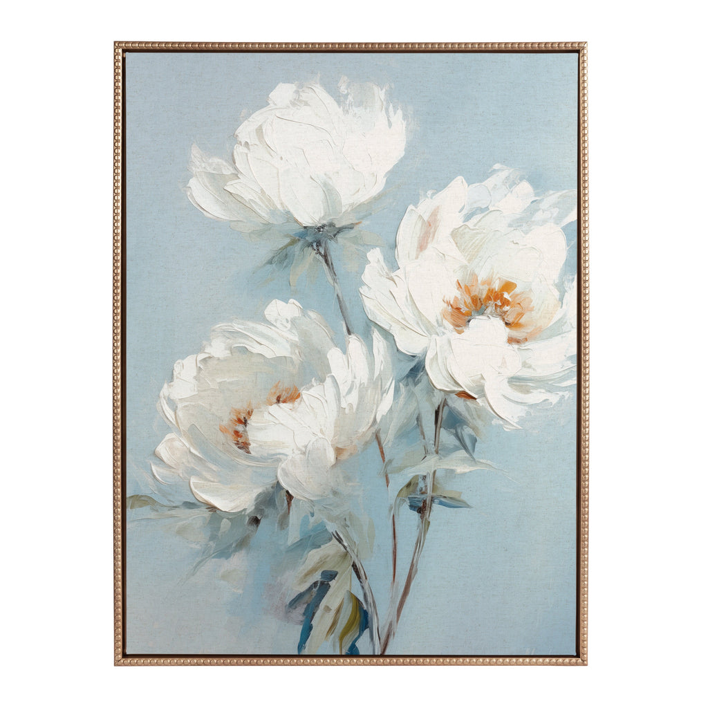 Sylvie Beaded White Peonies on Ocean Blue Framed Canvas by The Creative Bunch Studio