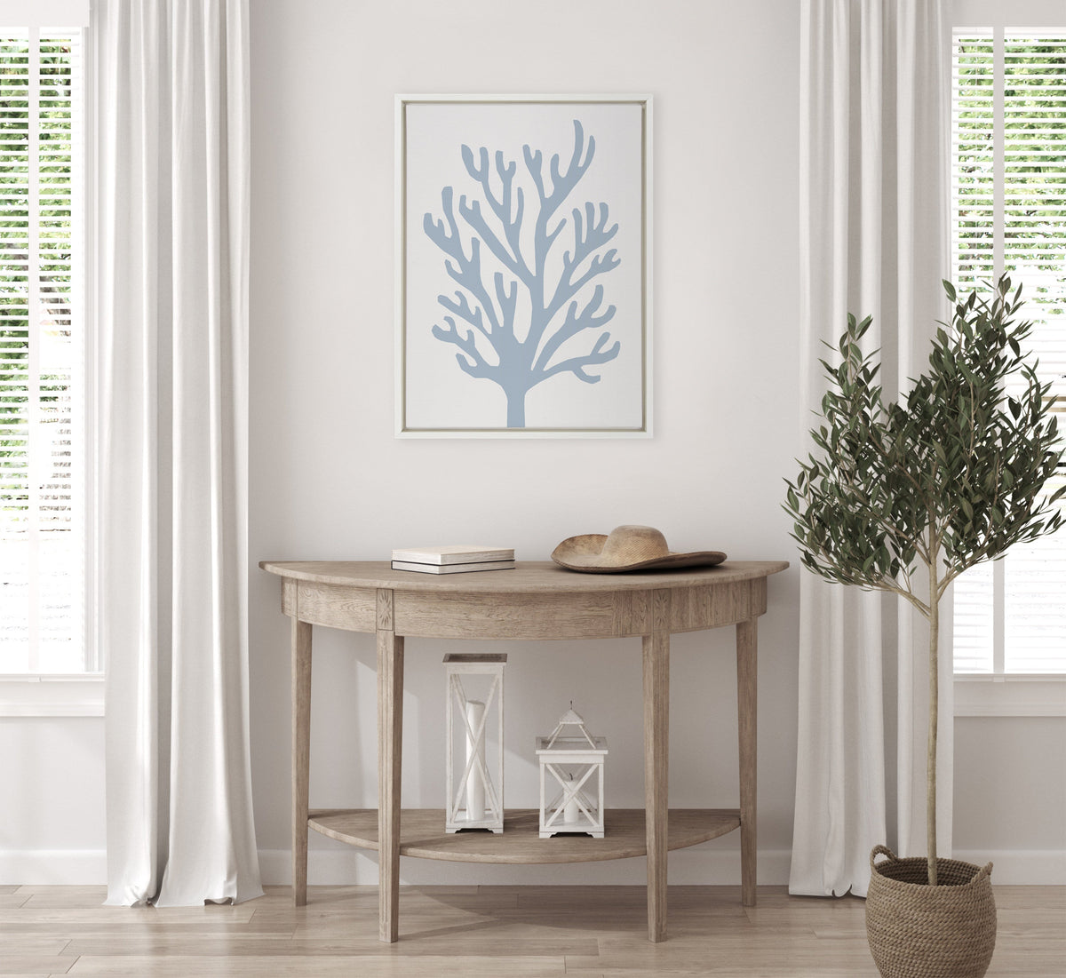Sylvie Abstract Coral Ocean Blue Framed Canvas by The Creative Bunch Studio
