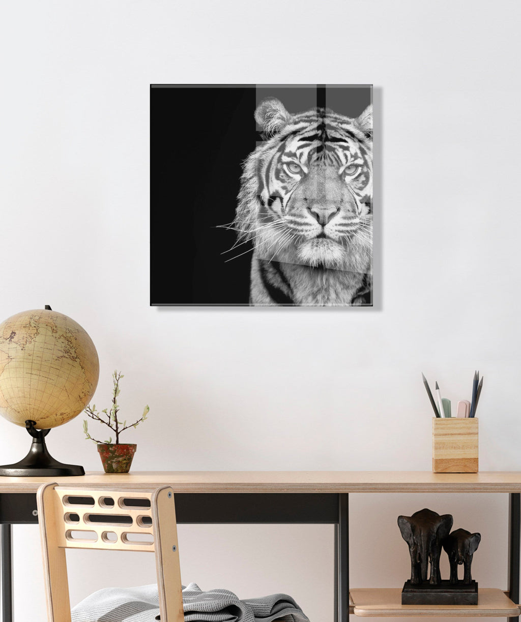 Tiger Minimalist Animal Portrait on Black Close Crop Floating Acrylic Art by The Creative Bunch Studio