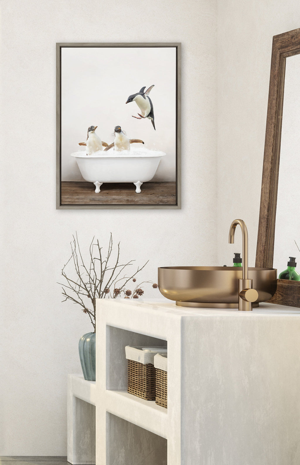 Sylvie Penguins Playing in Rustic Bath Framed Canvas by Amy Peterson Art Studio