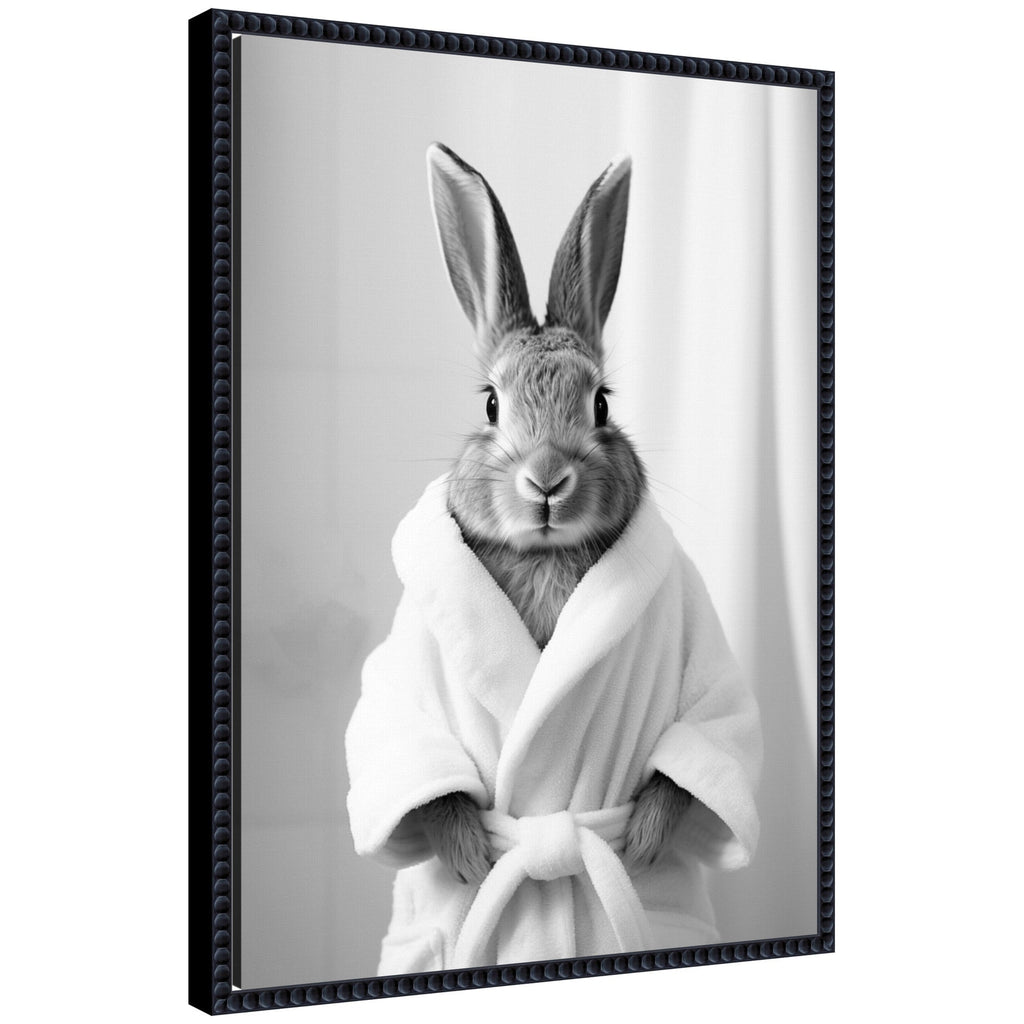 Sylvie Bunny Bathroom Art Towel Robe Black and White Framed Canvas by The Creative Bunch Studio