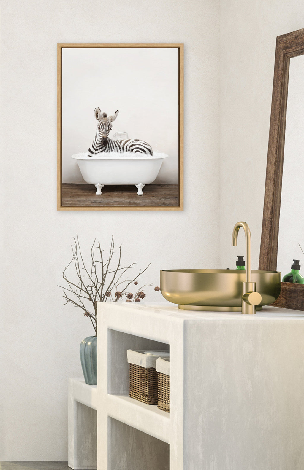 Sylvie Baby Zebra in Rustic Bath Framed Canvas by Amy Peterson Art Studio