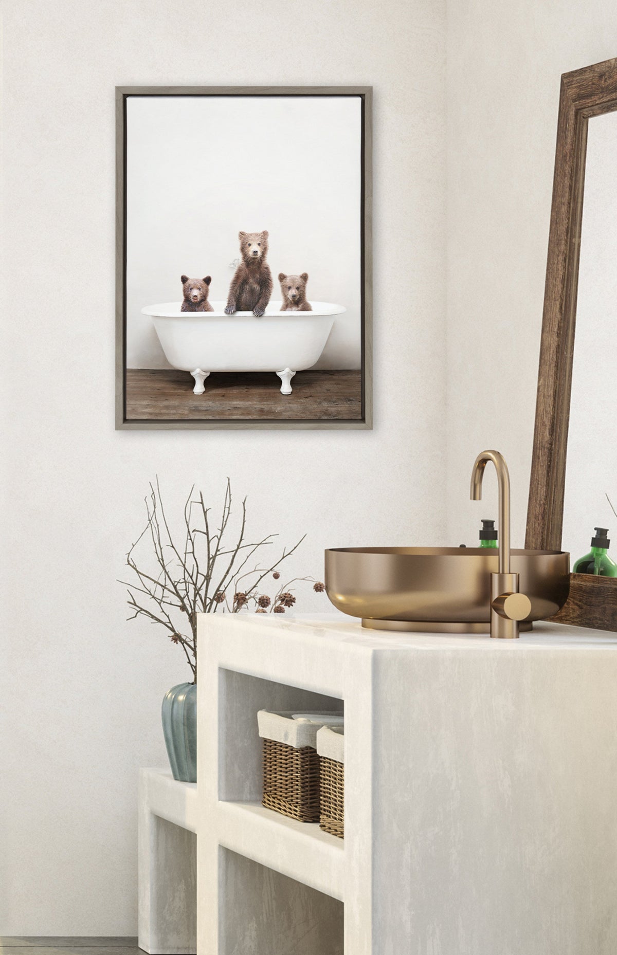 Sylvie Three Little Bears in Vintage Bathtub Framed Canvas by Amy Peterson Art Studio
