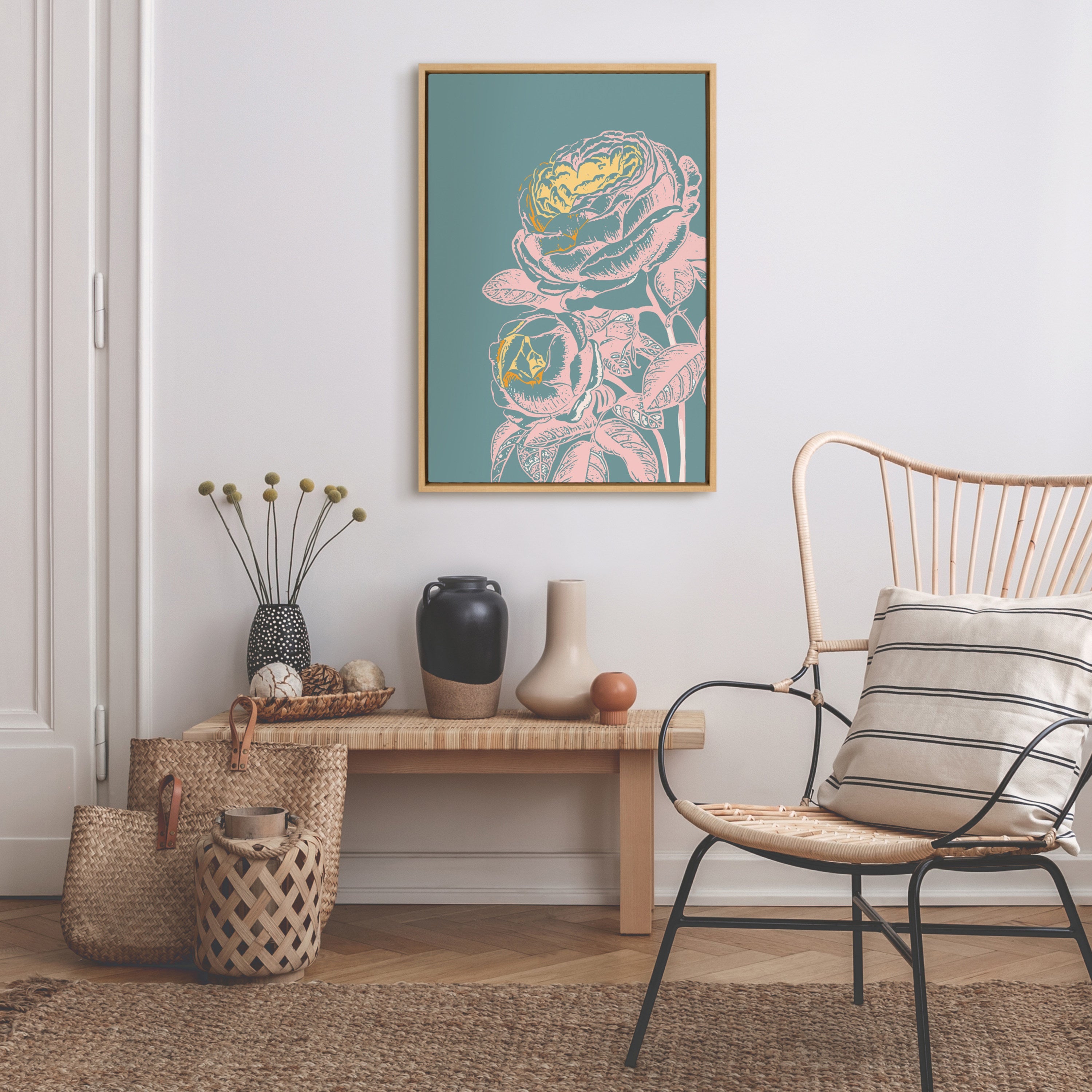 Sylvie Floral in Teal Framed Canvas by Apricot and Birch