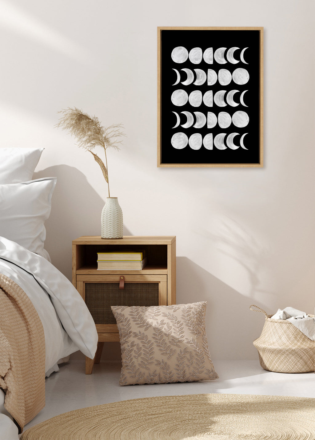 Sylvie 901 Moon Phases White on Black Framed Canvas by Teju Reval of SnazzyHues