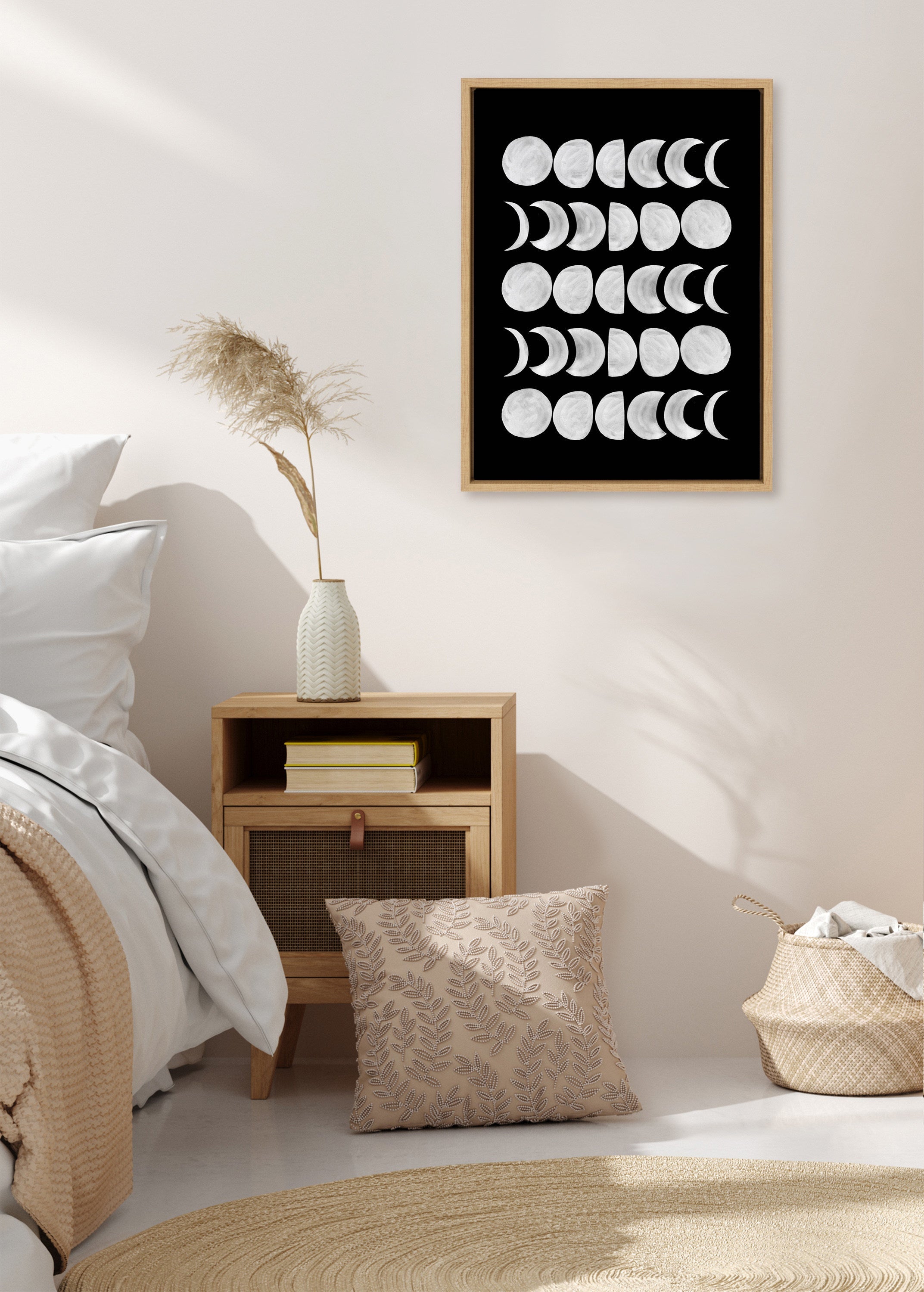 Sylvie 901 Moon Phases White on Black Framed Canvas by Teju Reval of SnazzyHues