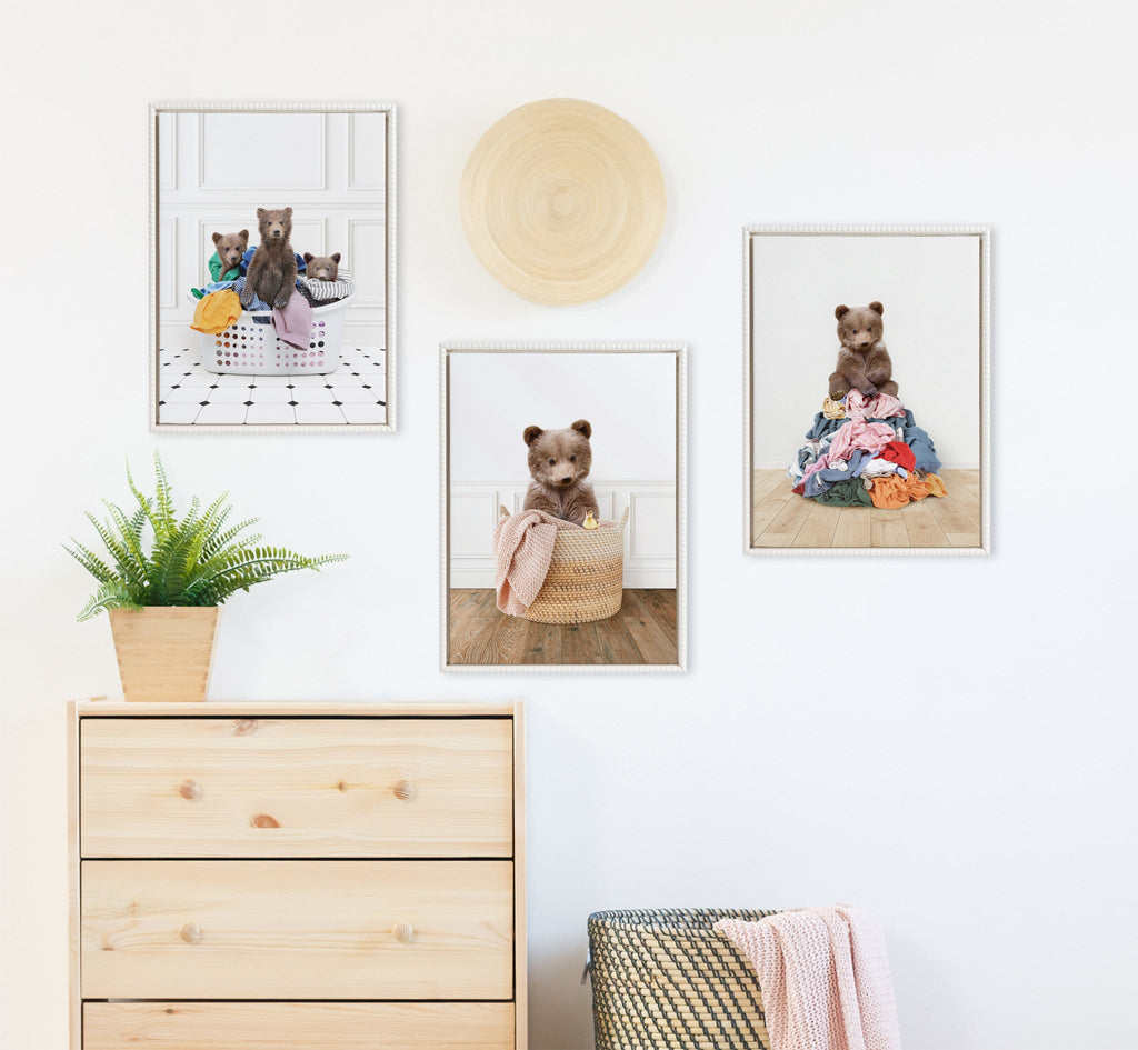 Sylvie Beaded Three Bears In Laundry Basket Classic White Style Framed Canvas by Amy Peterson