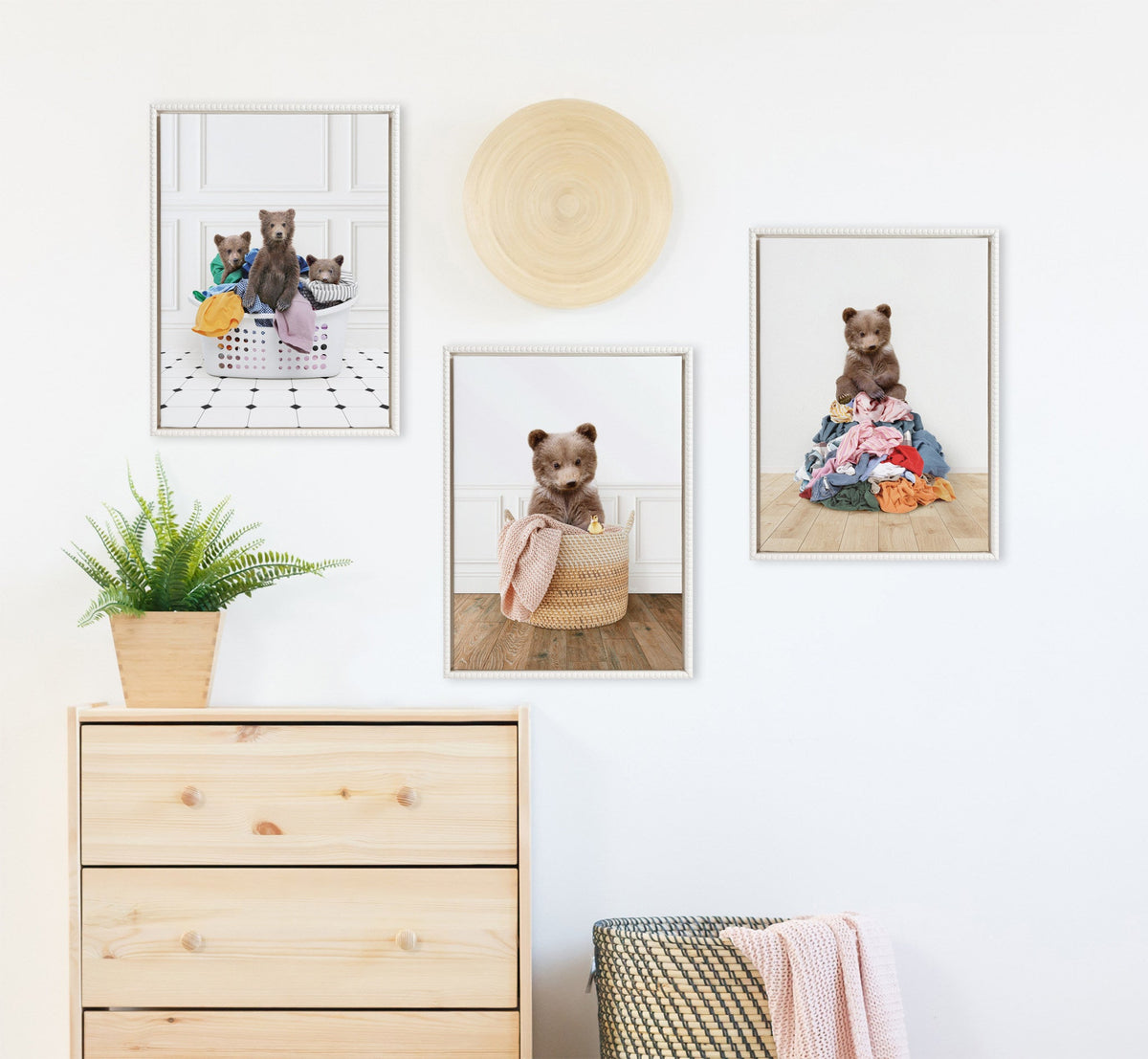 Sylvie Beaded Three Bears In Laundry Basket Classic White Style Framed Canvas by Amy Peterson
