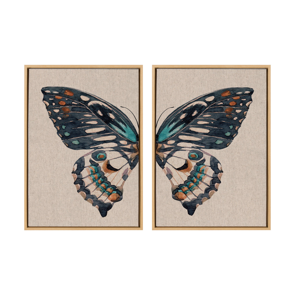 Sylvie Boho Butterfly Watercolor Diptych Neutral Linen Framed Canvas Art Set by The Creative Bunch Studio