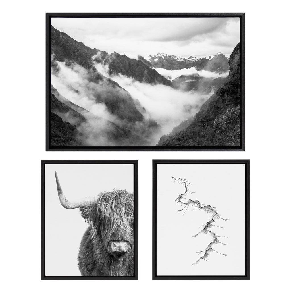 Sylvie BW Highland Cow No. 1 , Mountains, and Inca Trail Black and White Framed Canvas by Various Artists