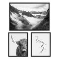 Sylvie BW Highland Cow No. 1 , Mountains, and Inca Trail Black and White Framed Canvas by Various Artists