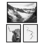 Sylvie BW Highland Cow No. 1 , Mountains, and Inca Trail Black and White Framed Canvas by Various Artists