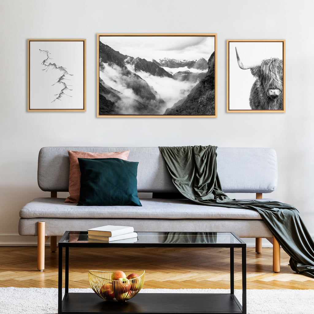 Sylvie BW Highland Cow No. 1 , Mountains, and Inca Trail Black and White Framed Canvas by Various Artists