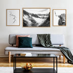 Sylvie BW Highland Cow No. 1 , Mountains, and Inca Trail Black and White Framed Canvas by Various Artists