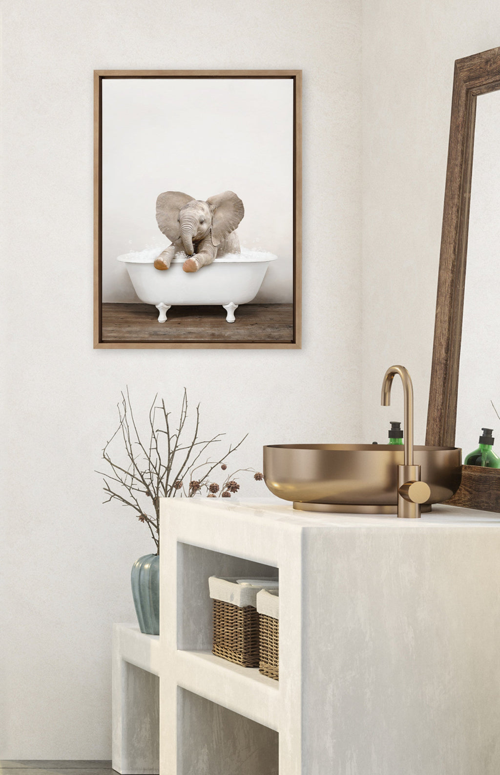Sylvie Baby Elephant No 6 in Rustic Bath Framed Canvas by Amy Peterson Art Studio