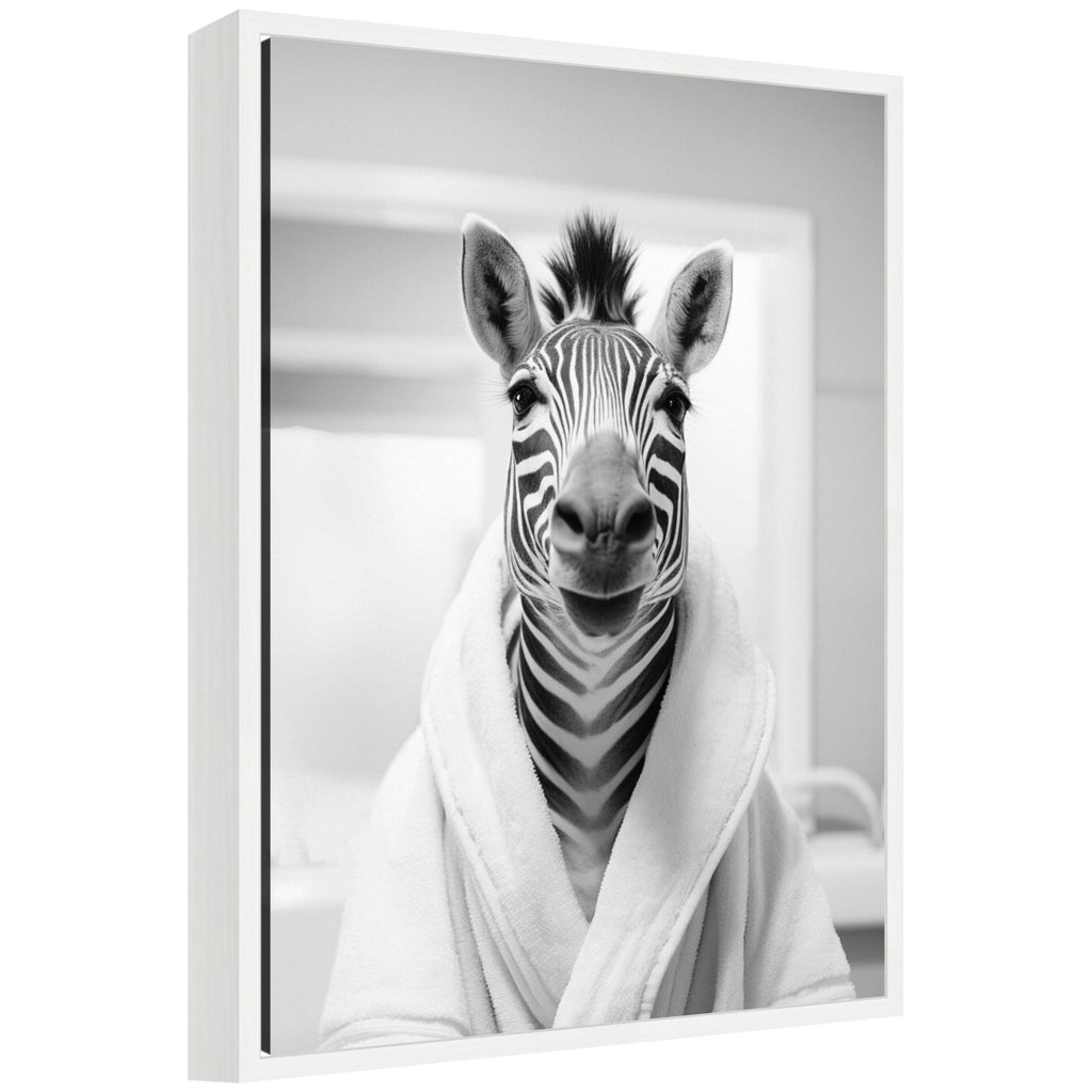 Sylvie Zebra Bathroom Art Towel Robe Black and White Framed Canvas by The Creative Bunch Studio