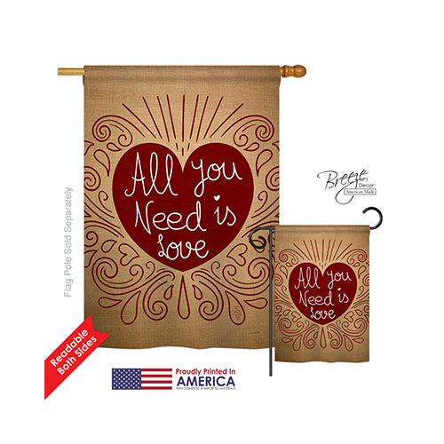 Breeze Decor 01052 Valentines All You Need Is Love Burlap 2-Sided Vertical Impression House Flag - 28 X 40 In.