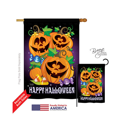 Breeze Decor 12049 Halloween Happy Pumpkins 2-Sided Vertical Impression House Flag - 28 X 40 In.