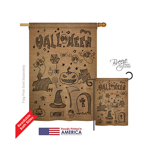Breeze Decor 12061 Halloween Halloween Doodles 2-Sided Vertical Impression House Flag - 28 X 40 In.
