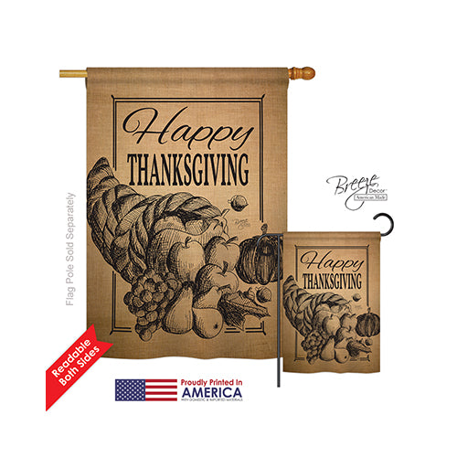 Breeze Decor 13054 Thanksgiving Happy Cornucopia Burlap 2-Sided Vertical Impression House Flag - 28 X 40 In.