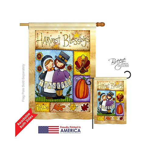 Breeze Decor 13057 Thanksgiving Thankful Pilgrims 2-Sided Vertical Impression House Flag - 28 X 40 In.