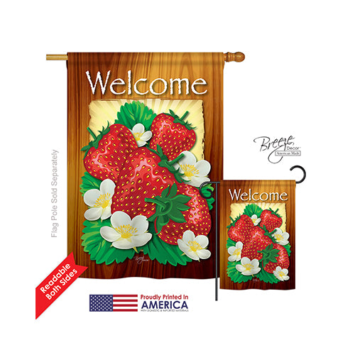 Breeze Decor 17023 Welcome Strawberries 2-Sided Vertical Impression House Flag - 28 X 40 In.